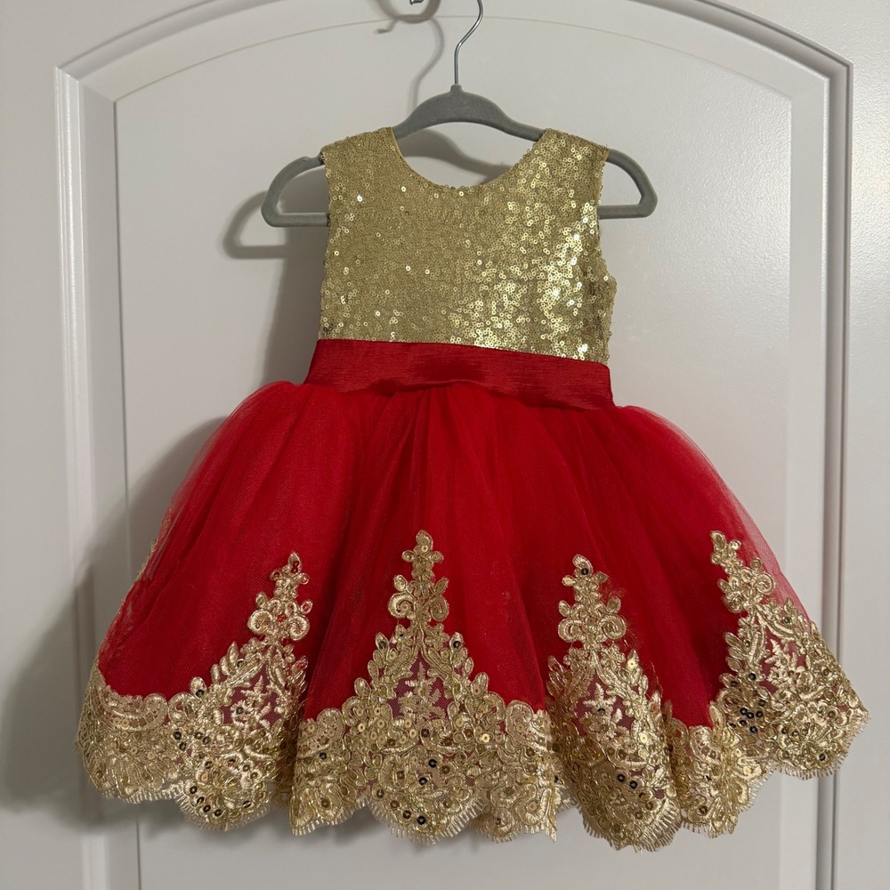 Gold Sequin Red Tulle Girls Pageant Holiday Dress with Large Back Bow